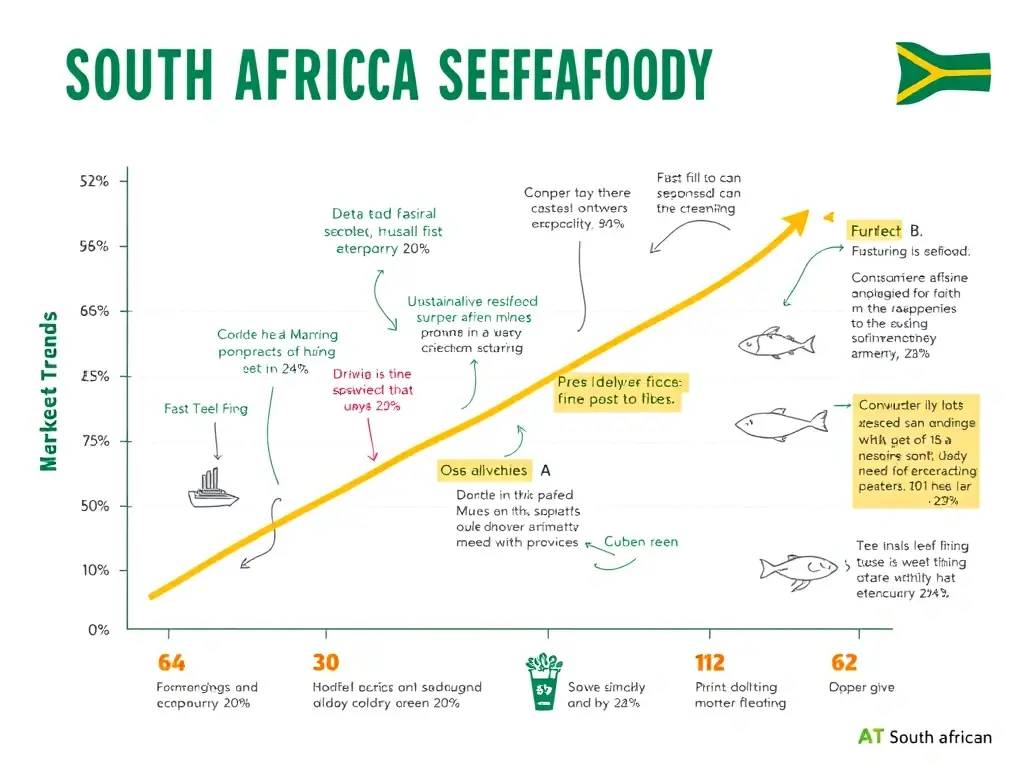 A graph illustrating market trends in the South African seafood industry, with annotations highlighting sustainable seafood options and consumer preferences.