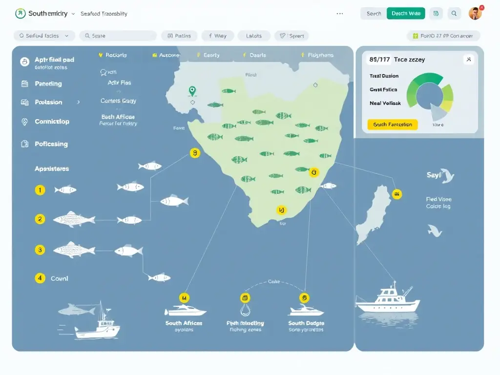 A photograph of a seafood traceability platform interface, showing the journey of a fish from catch to consumer, highlighting transparency and sustainability.
