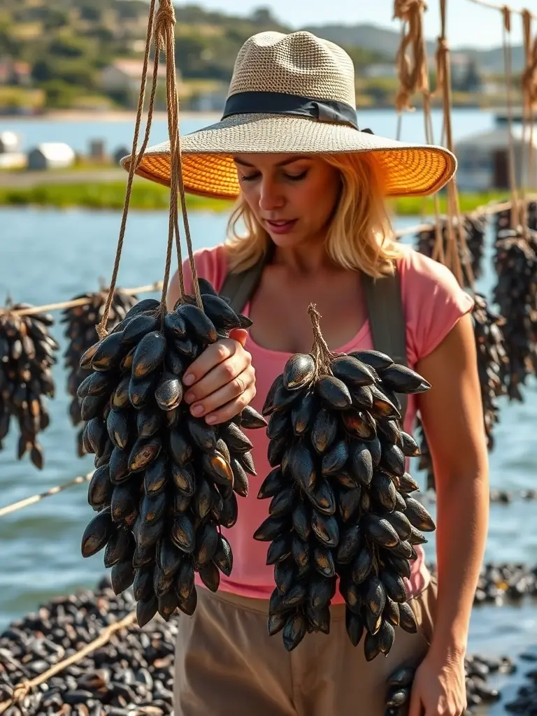 Image of a woman inspecting mussels at a mussel farm in Saldanha Bay, South Africa, highlighting sustainable aquaculture.