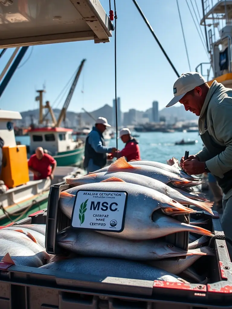 A photo of hake being offloaded from a fishing vessel in Cape Town harbor, with MSC certification prominently displayed.