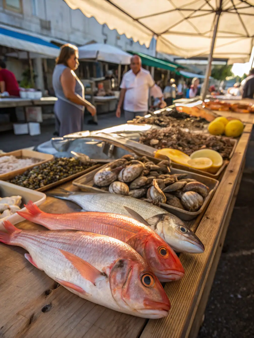 A diverse selection of fresh seafood on ice at a local South African market, showcasing the variety and quality available.