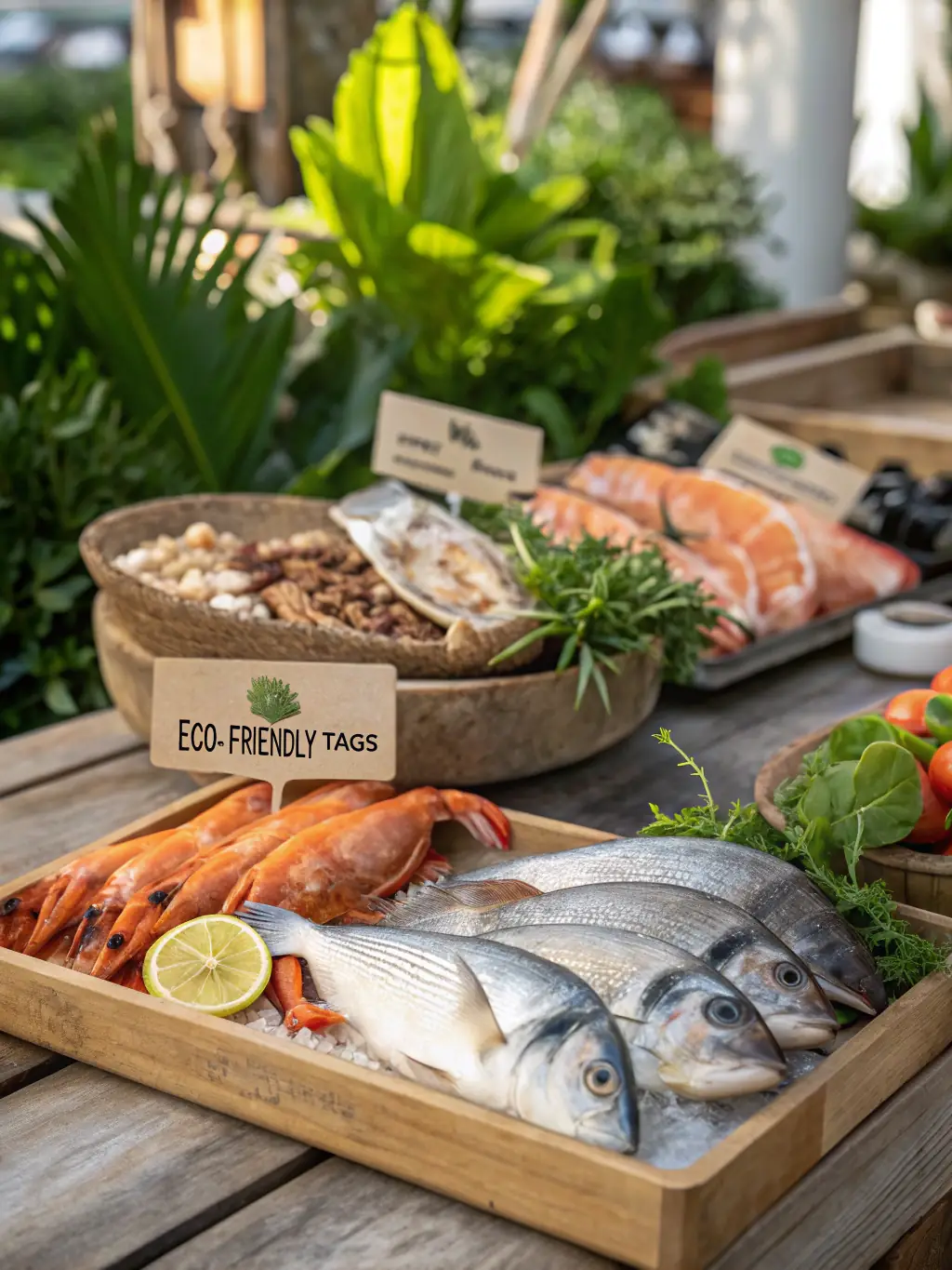 An image of fresh, sustainably caught seafood displayed on a market stall with South African coastal scenery in the background.